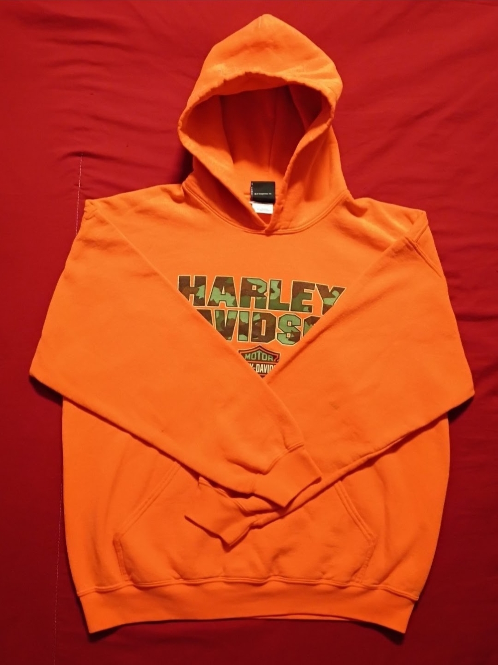 Harley-Davidson Orange Hooded Pullover with Green Camo Logo Size Large